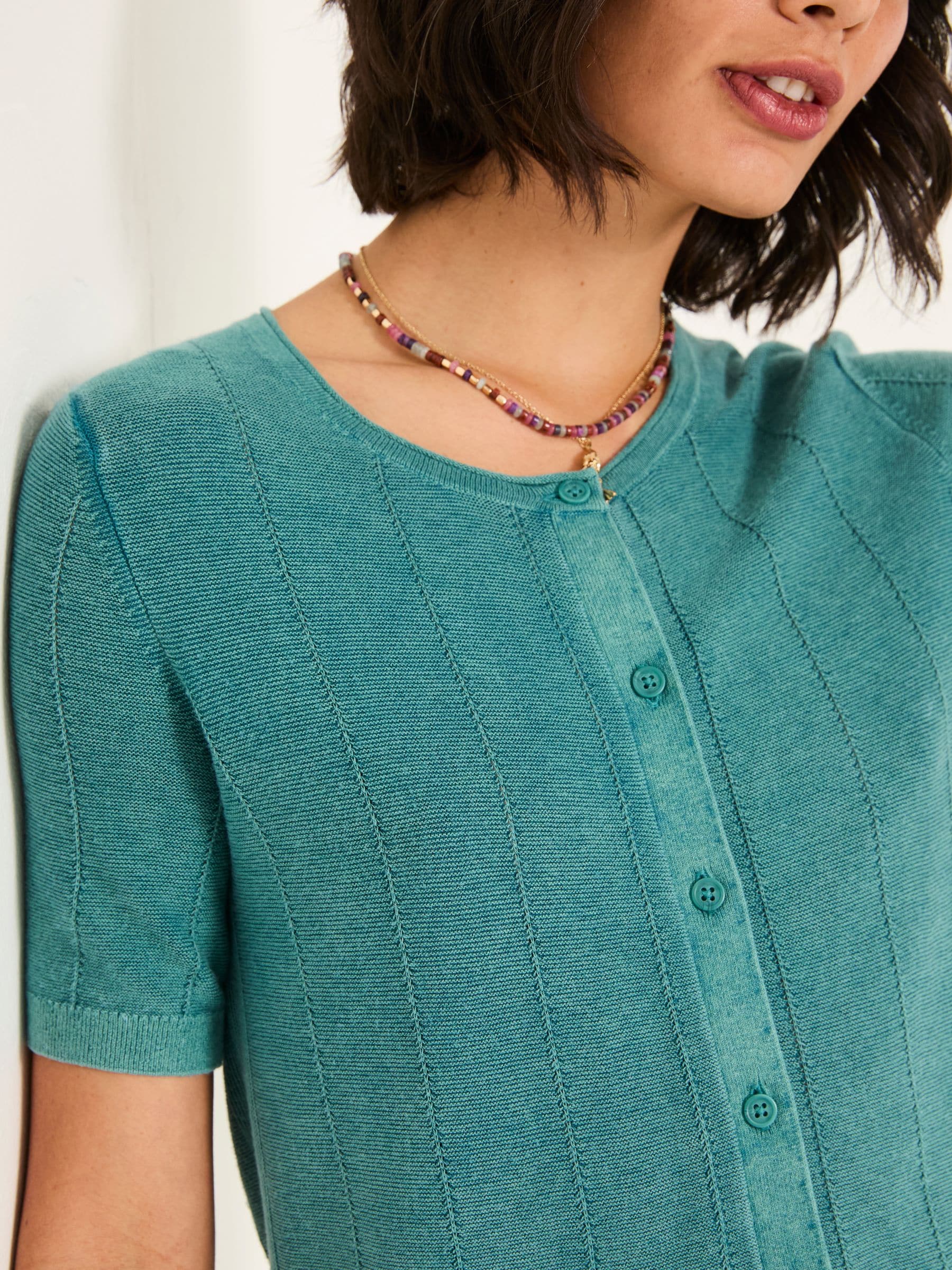 Lili Teal Blue Laundered Short Sleeve Cardigan