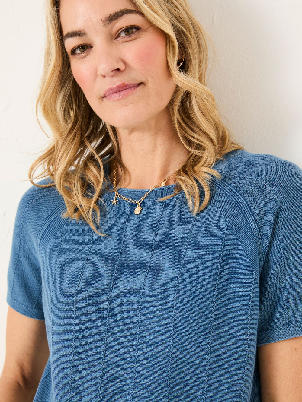 Lena Blue Laundered Woven Knit Top