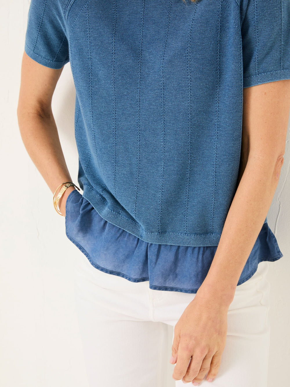 Lena Blue Laundered Woven Knit Top