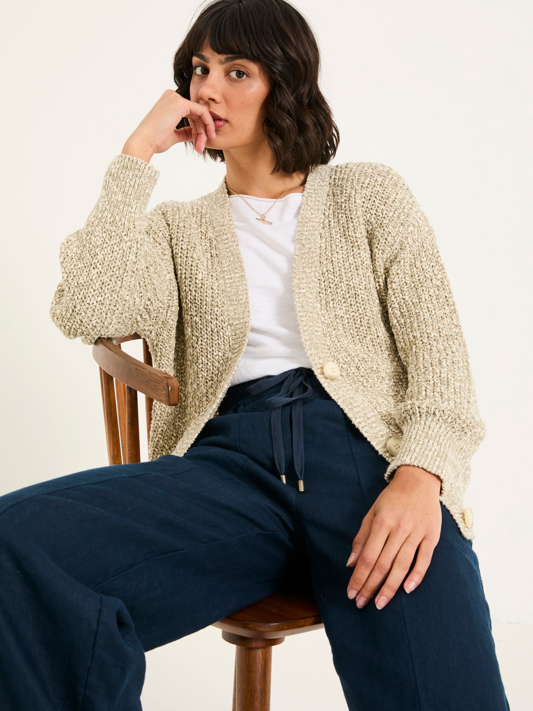 Olive Natural Knitted Tape Yarn Cardigan