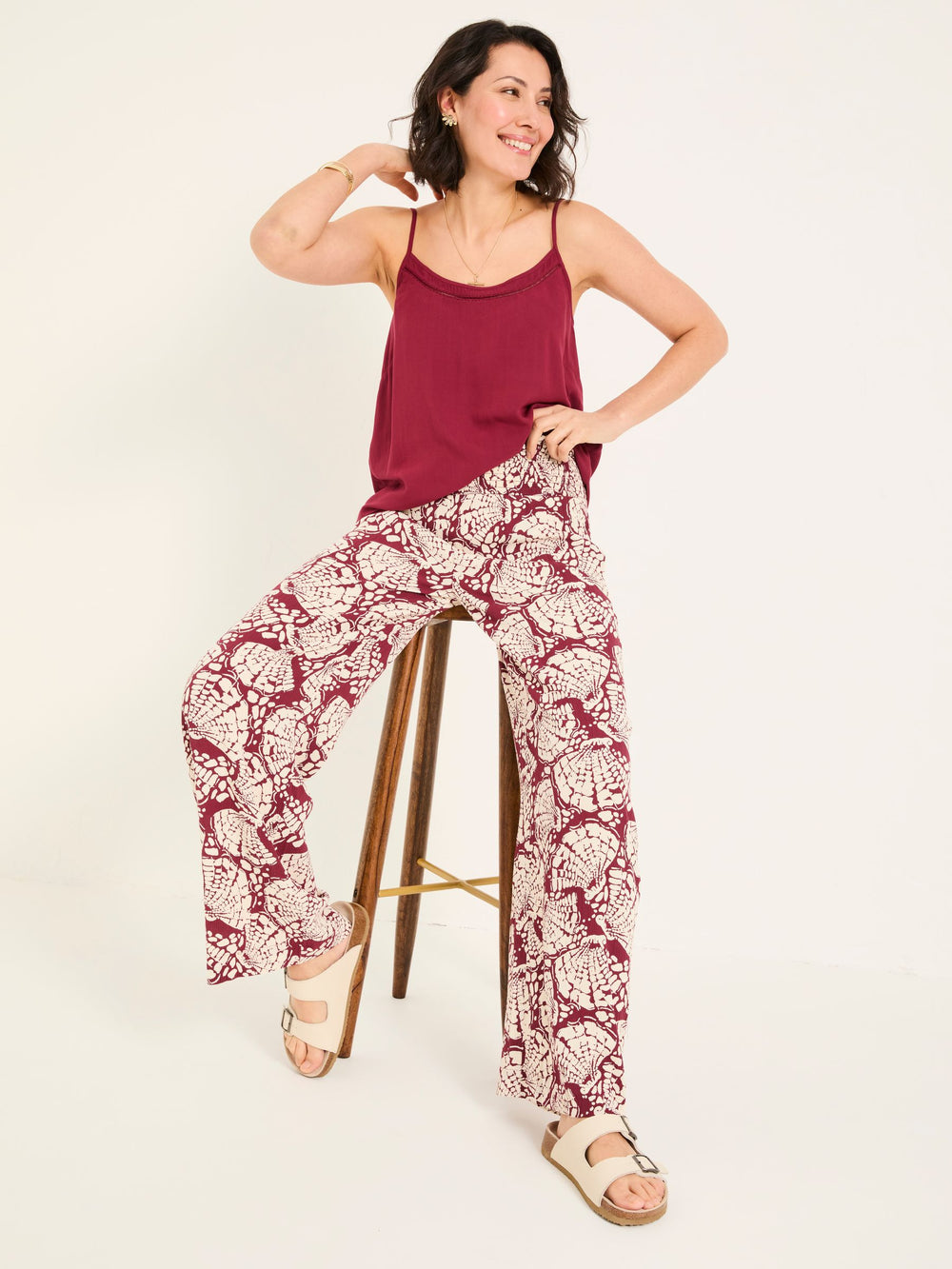 Burgundy Red Mono Shell Shirred Palazzo Trousers