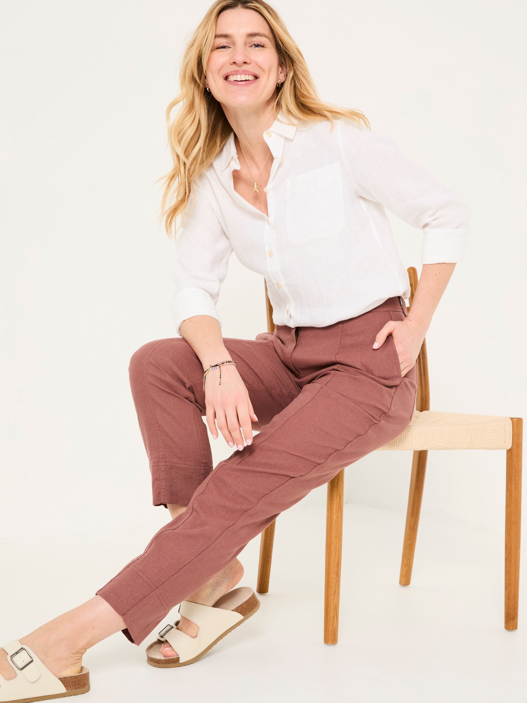 Issy Dark Natural Tapered Linen Blend Trousers