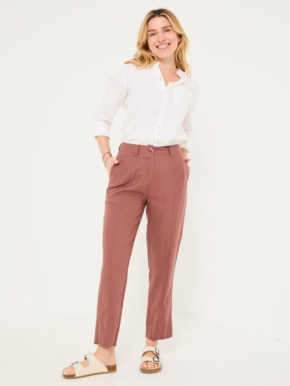 Issy Dark Natural Tapered Linen Blend Trousers