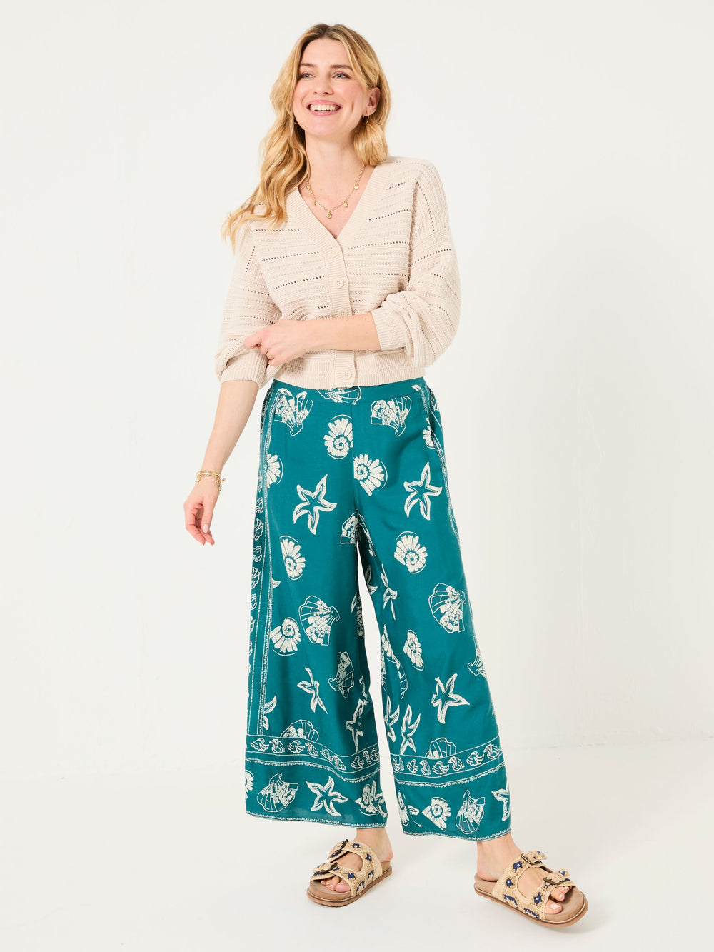 Eliza Teal Blue Lino Shell Cropped Trousers