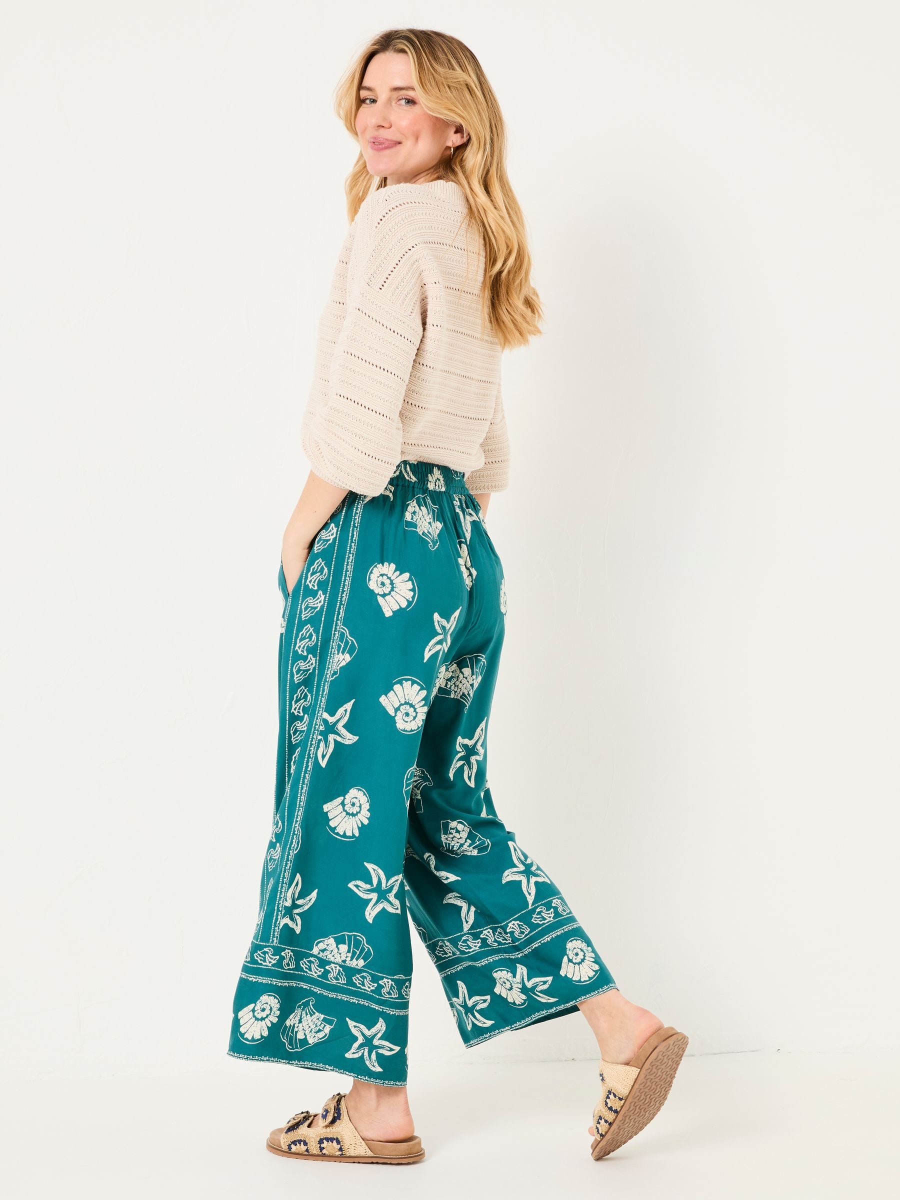 Eliza Teal Blue Lino Shell Cropped Trousers