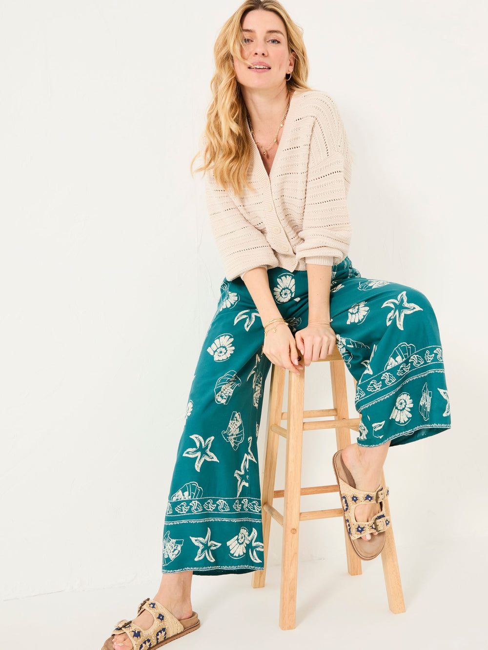Eliza Teal Blue Lino Shell Cropped Trousers