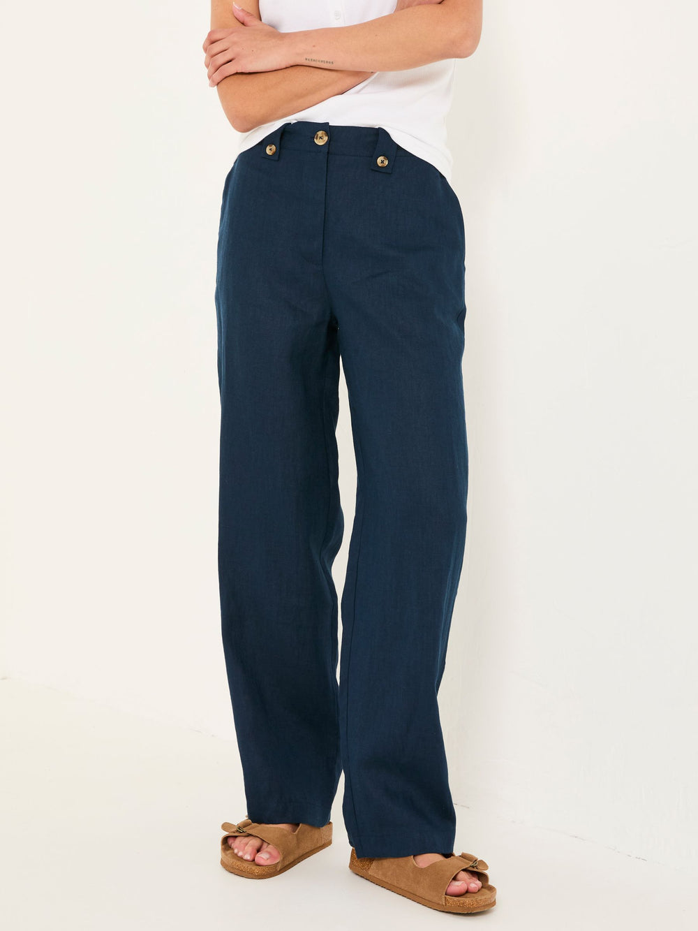 Lydia Navy Straight Leg Linen Trousers