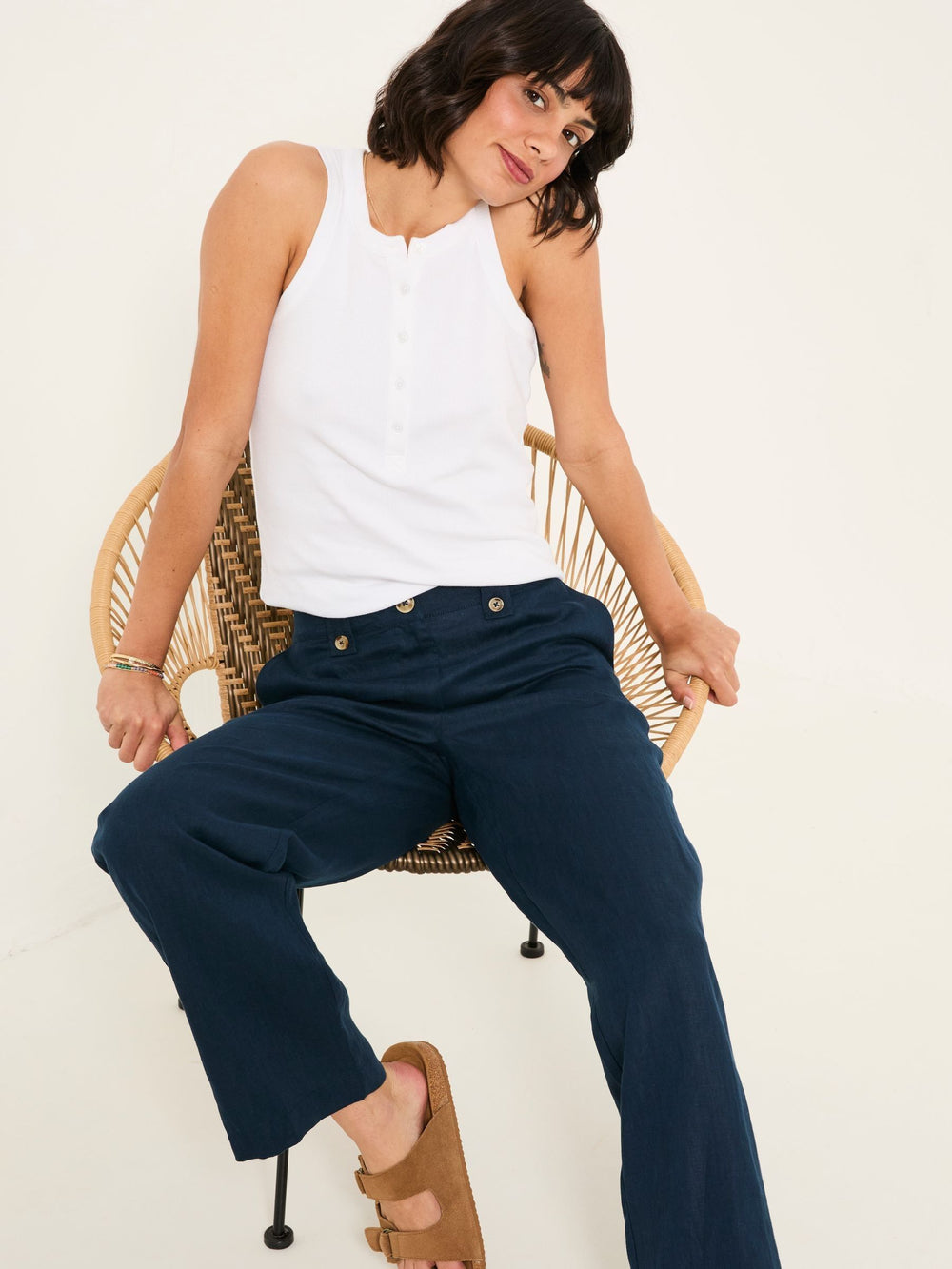 Lydia Navy Straight Leg Linen Trousers