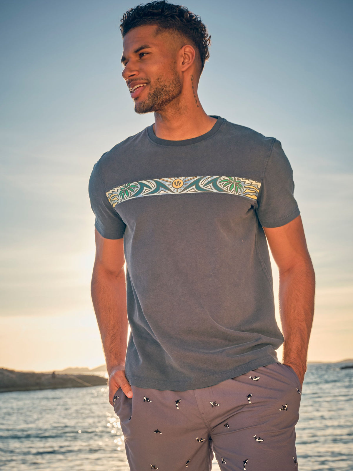 Grey Surf Patch Chest Stripe Tshirt