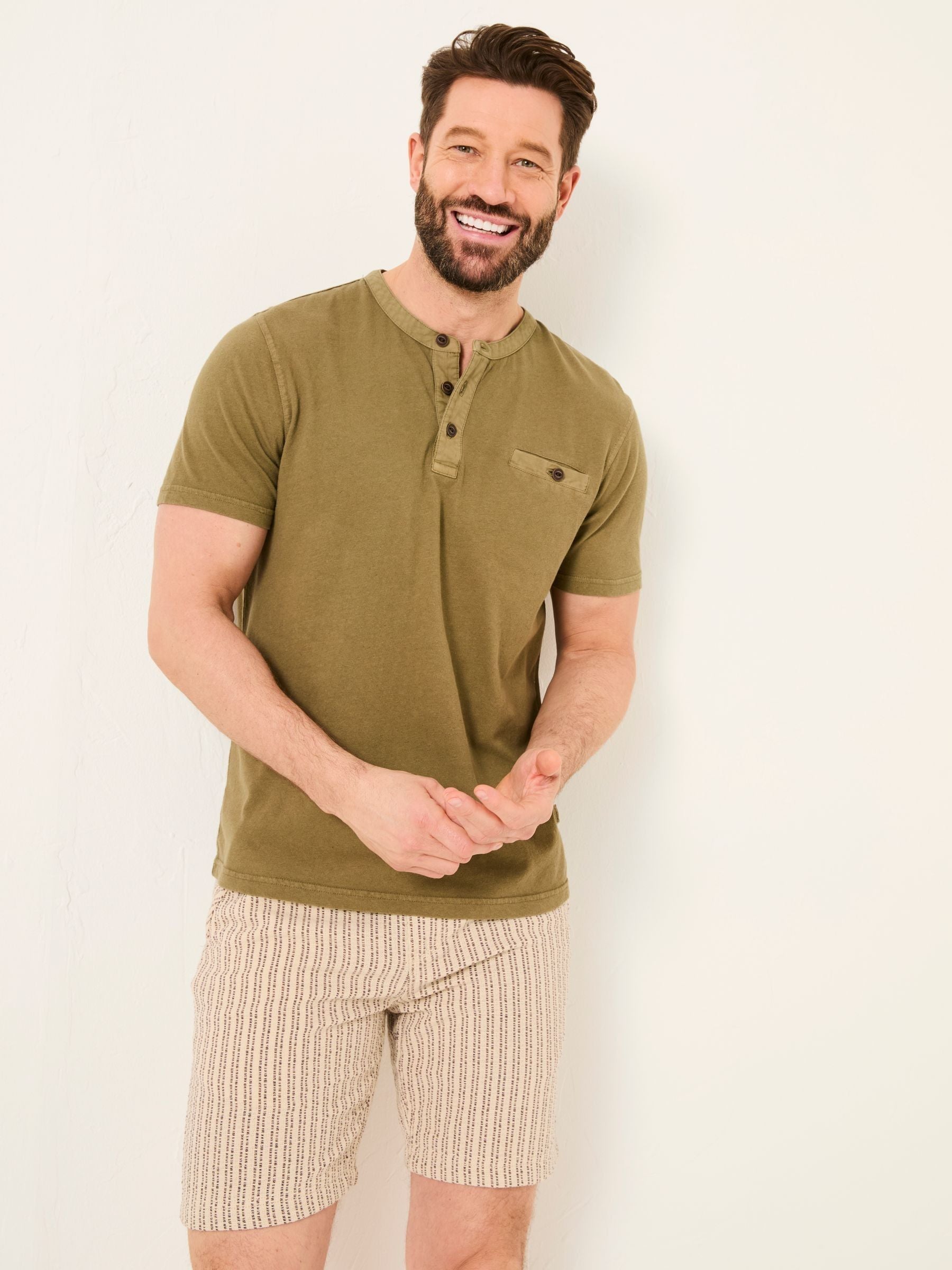 Henley Khaki Green Garment Dyed Pocket Henley