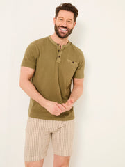 Henley Khaki Green Garment Dyed Pocket Henley