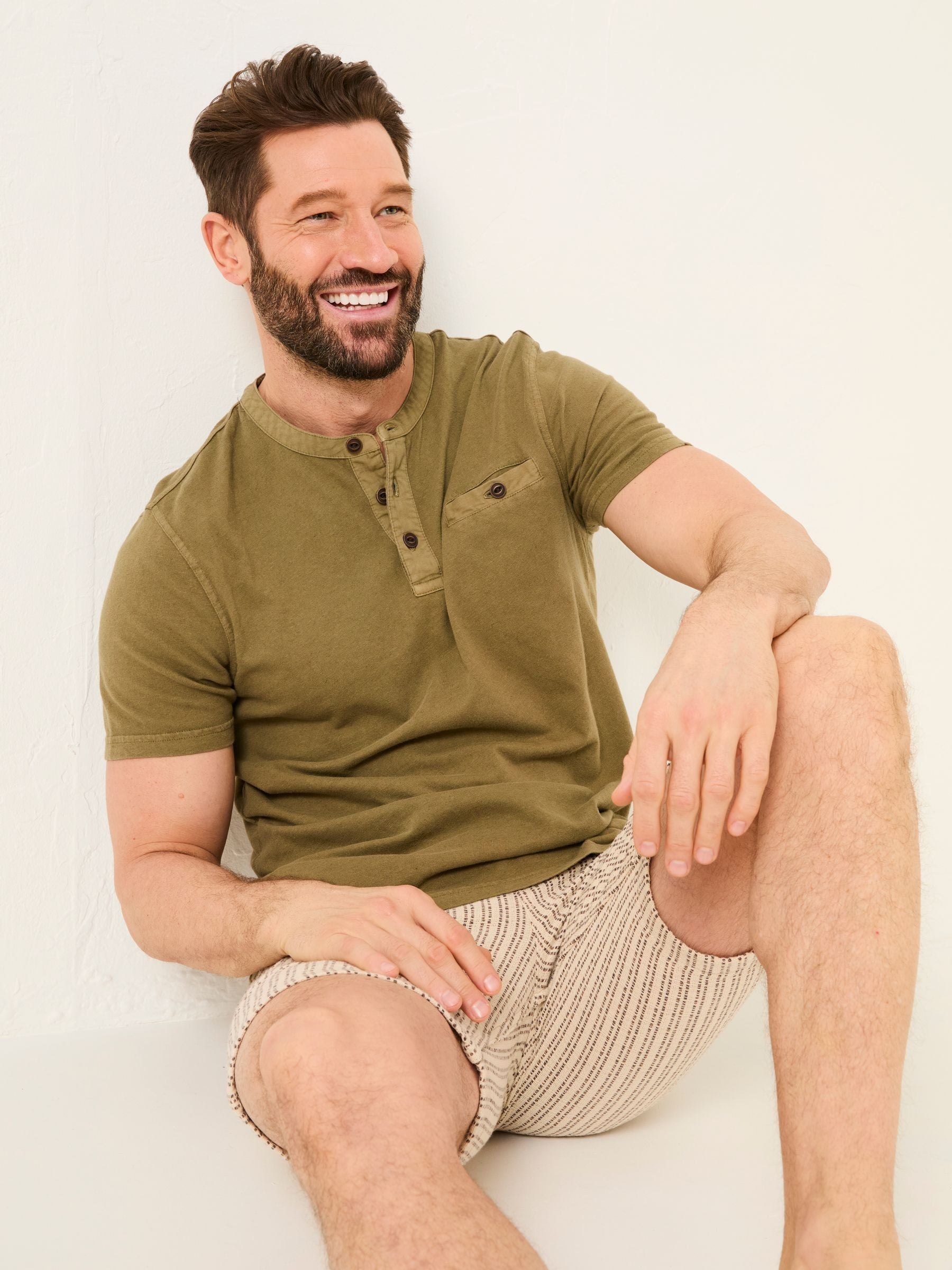 Henley Khaki Green Garment Dyed Pocket Henley
