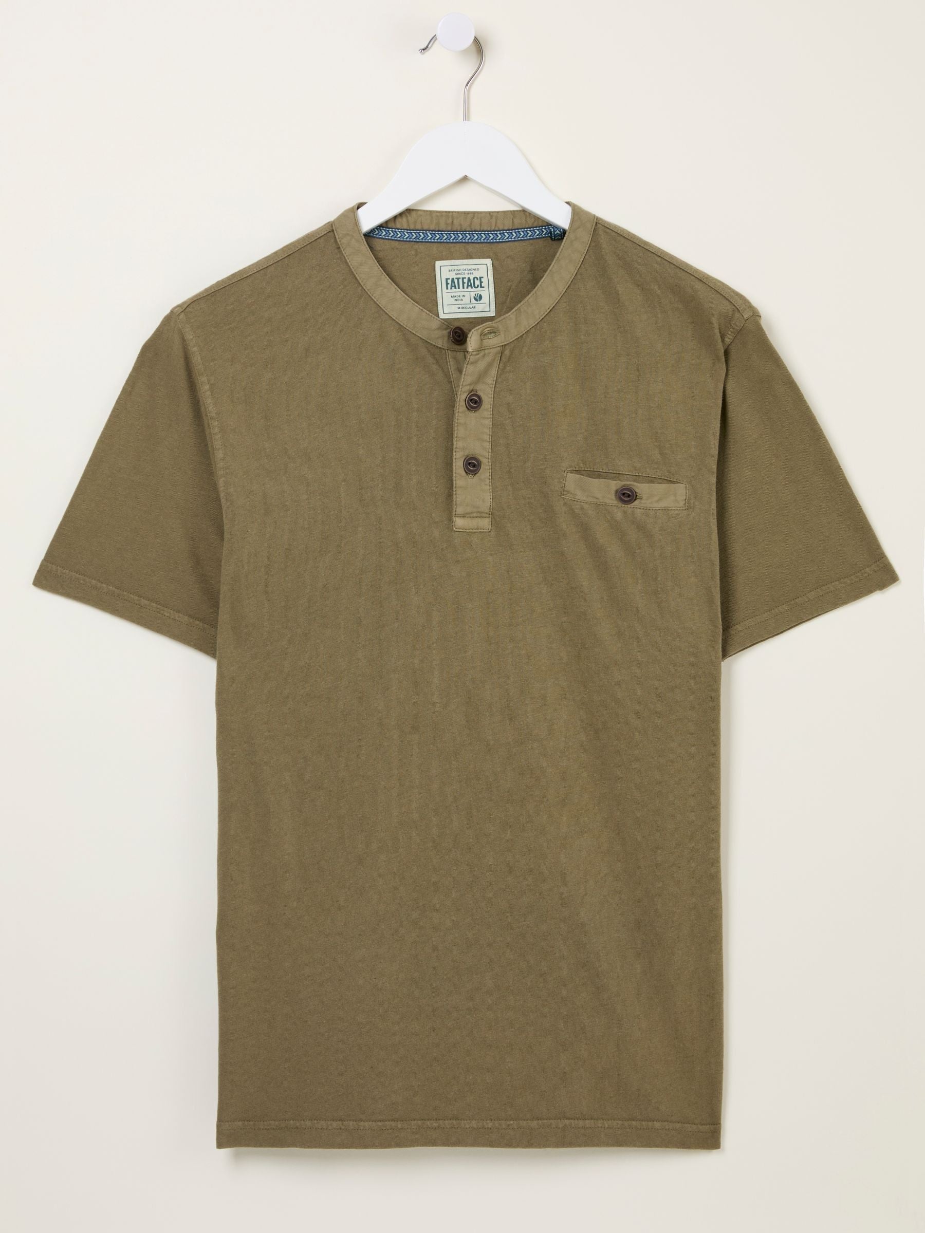 Henley Khaki Green Garment Dyed Pocket Henley