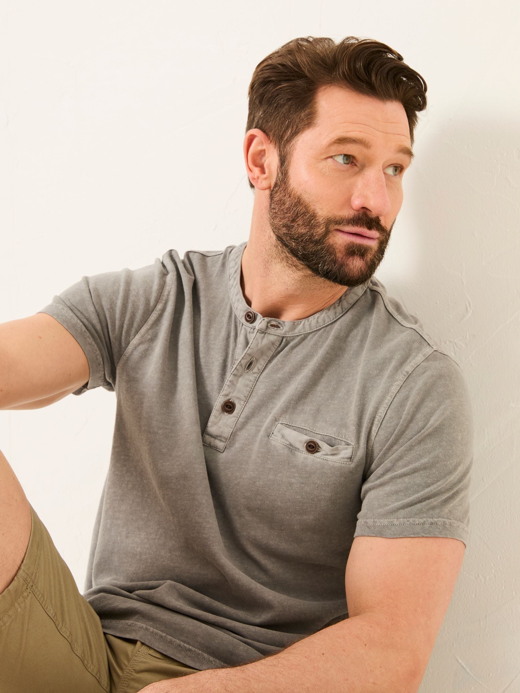 Henley Grey Garment Dyed Pocket Henley