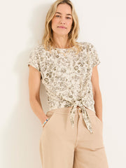 Ivory Linear Floral Tie Front Top