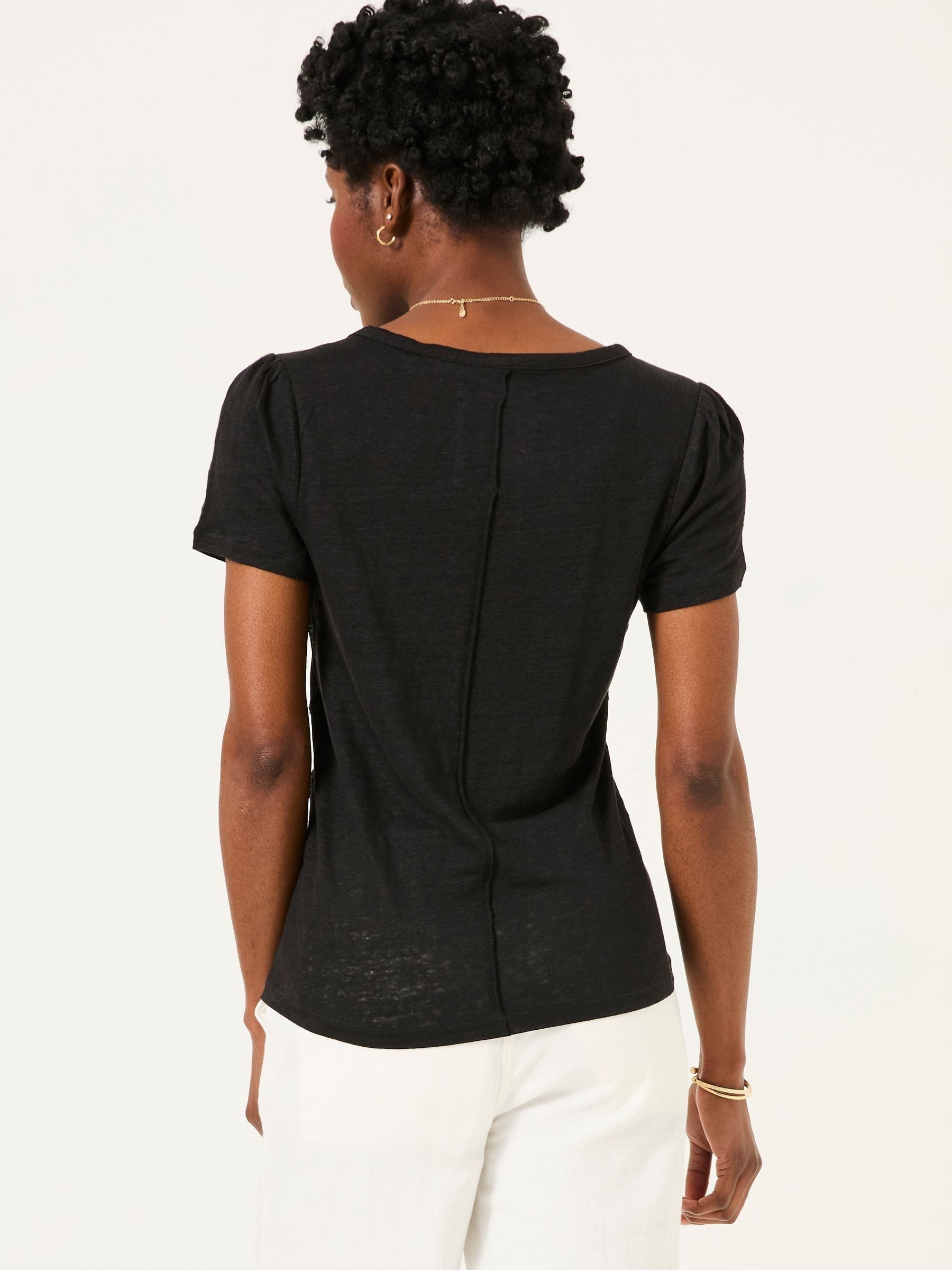 Lena Black Linen Henley Top