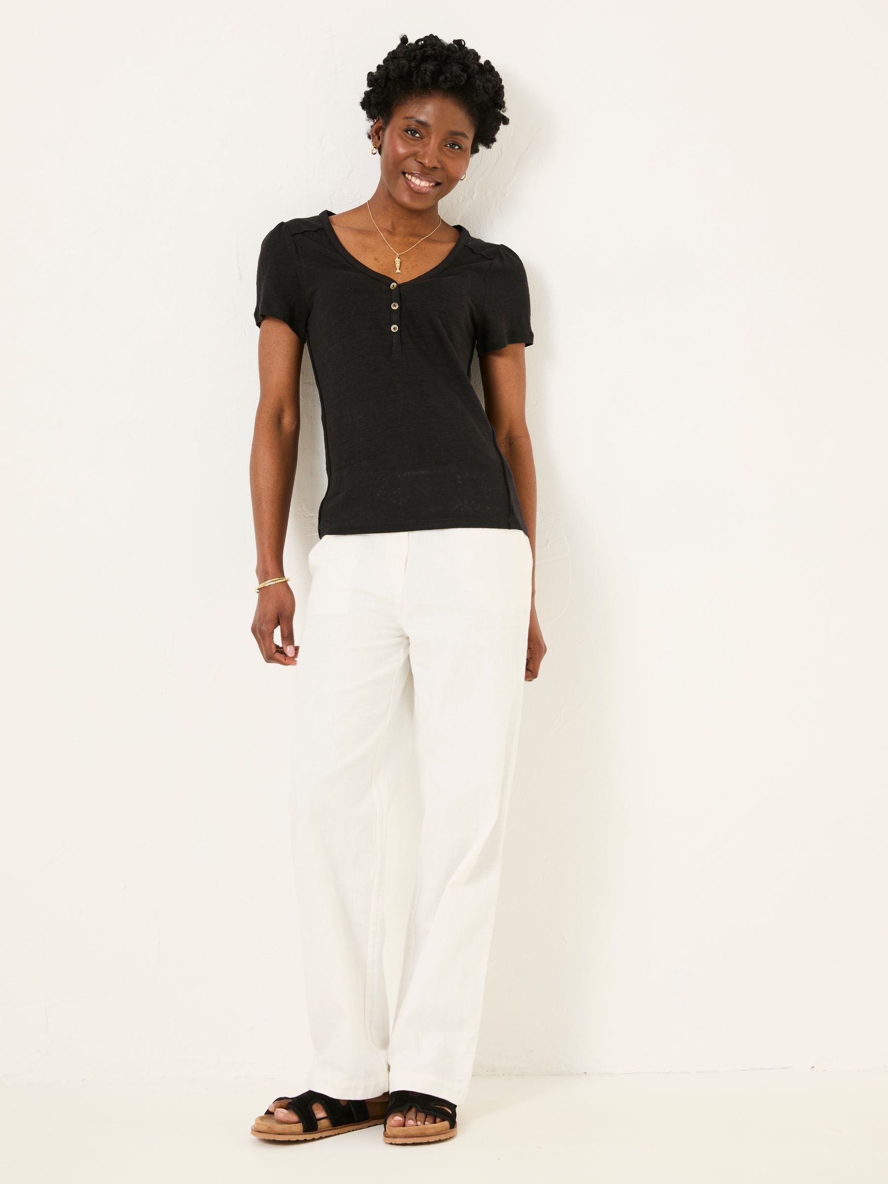 Lena Black Linen Henley Top