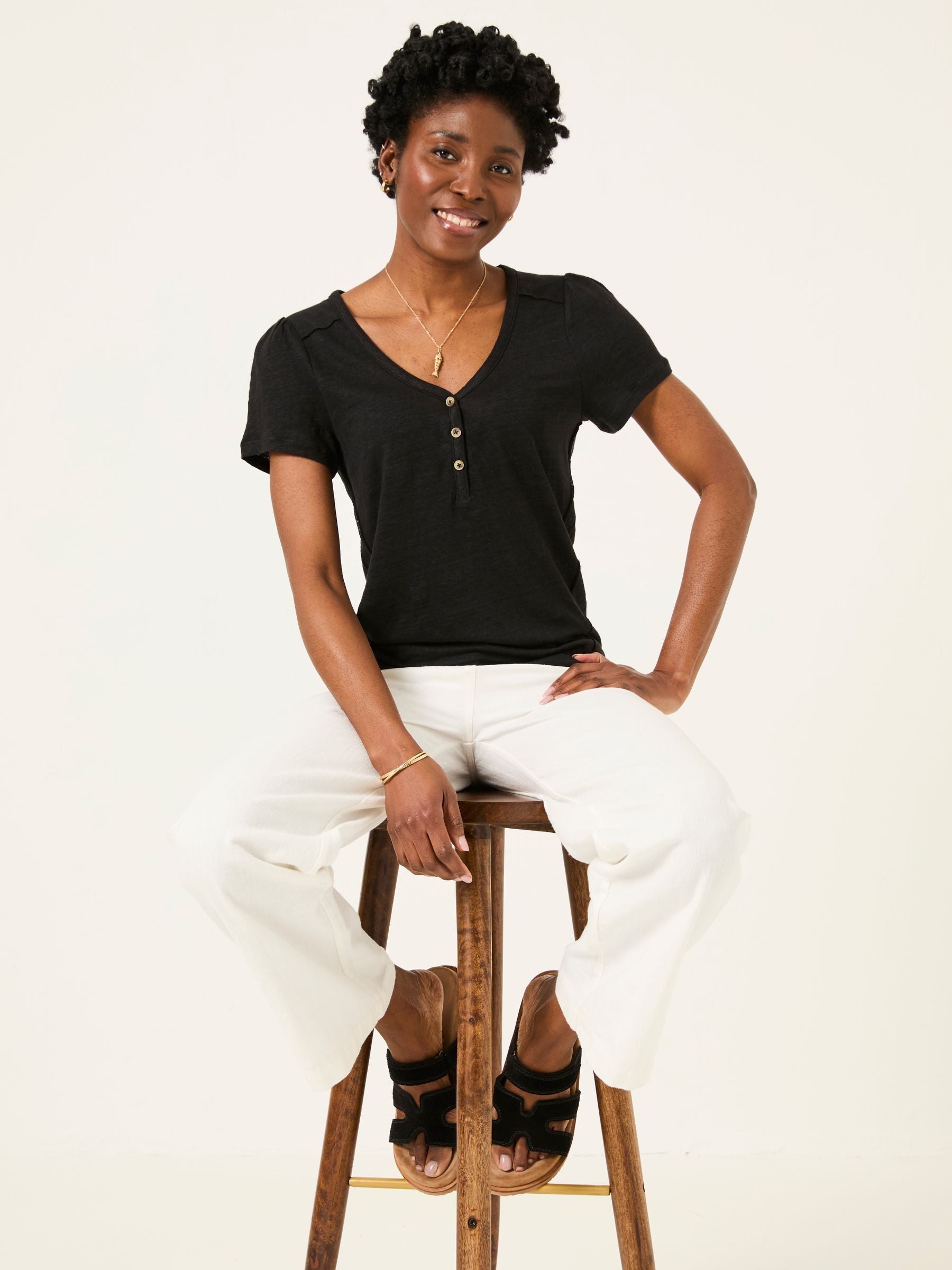 Lena Black Linen Henley Top