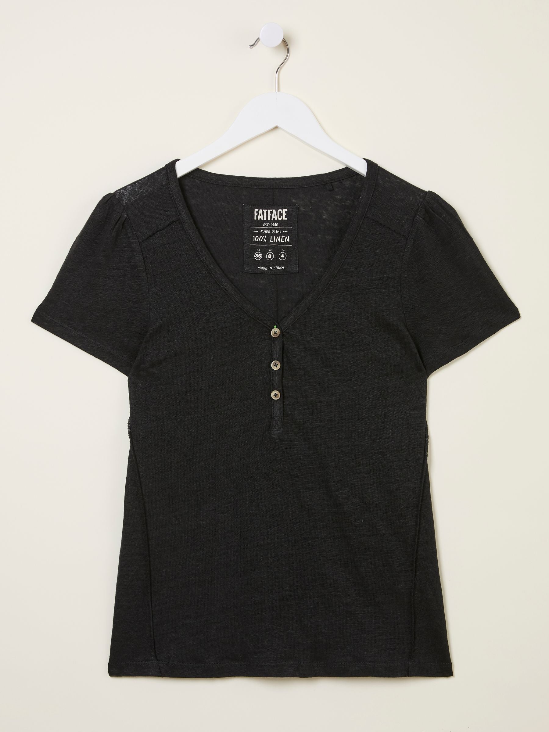 Lena Black Linen Henley Top