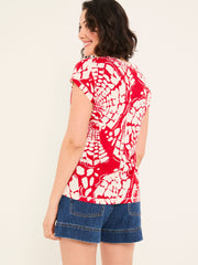 Red Mono Shells Linen Blend Notch Neck Top