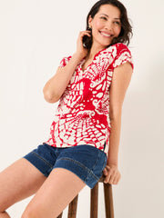 Red Mono Shells Linen Blend Notch Neck Top