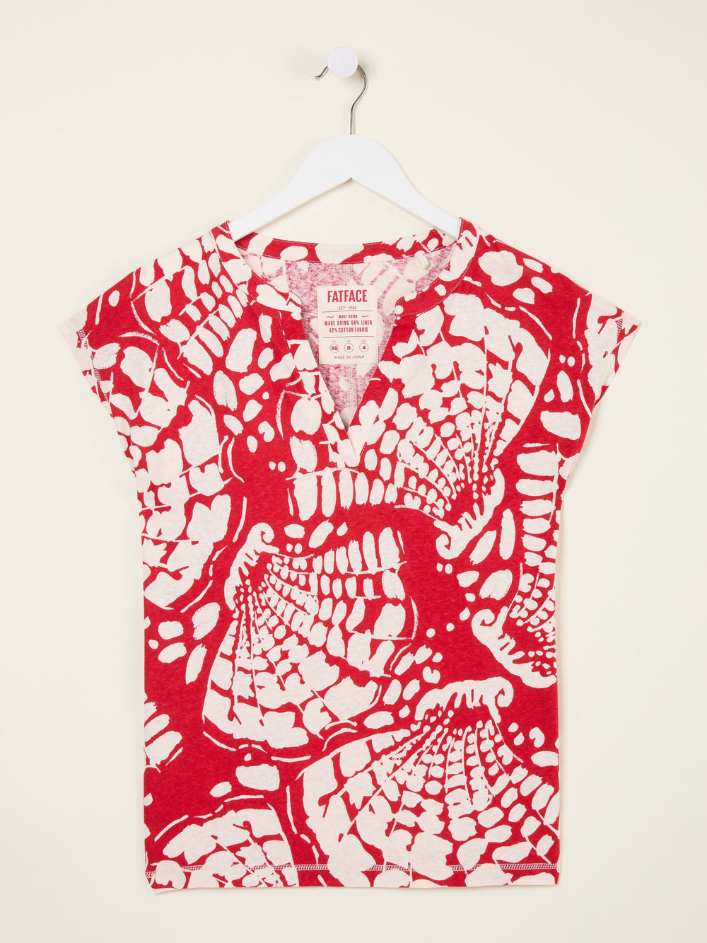 Red Mono Shells Linen Blend Notch Neck Top