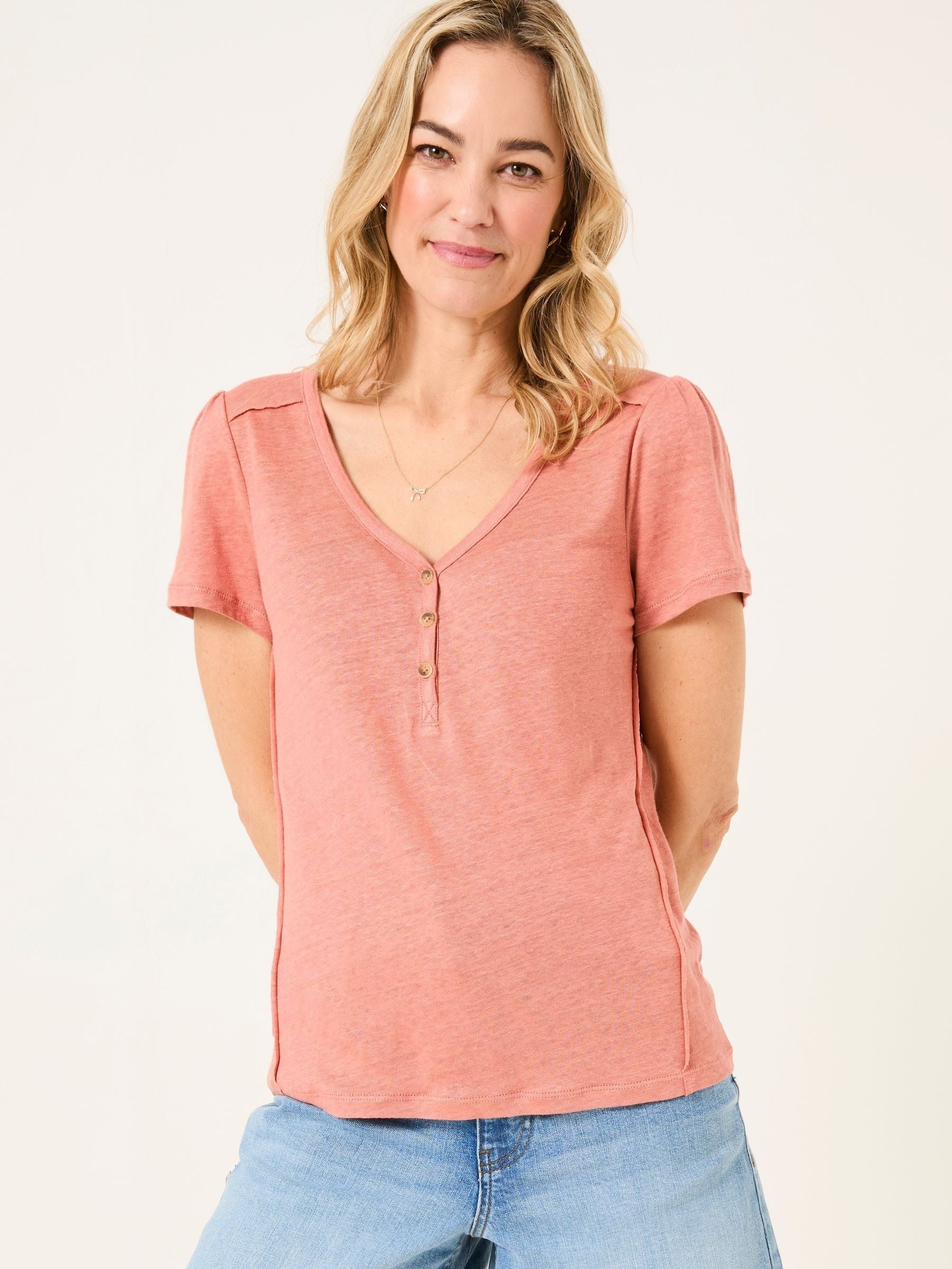 Lena Rose Pink Linen Henley Top
