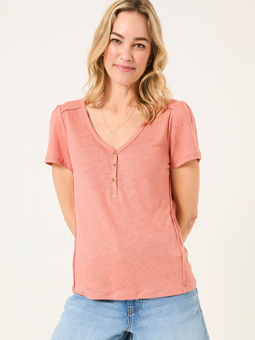 Lena Rose Pink Linen Henley Top