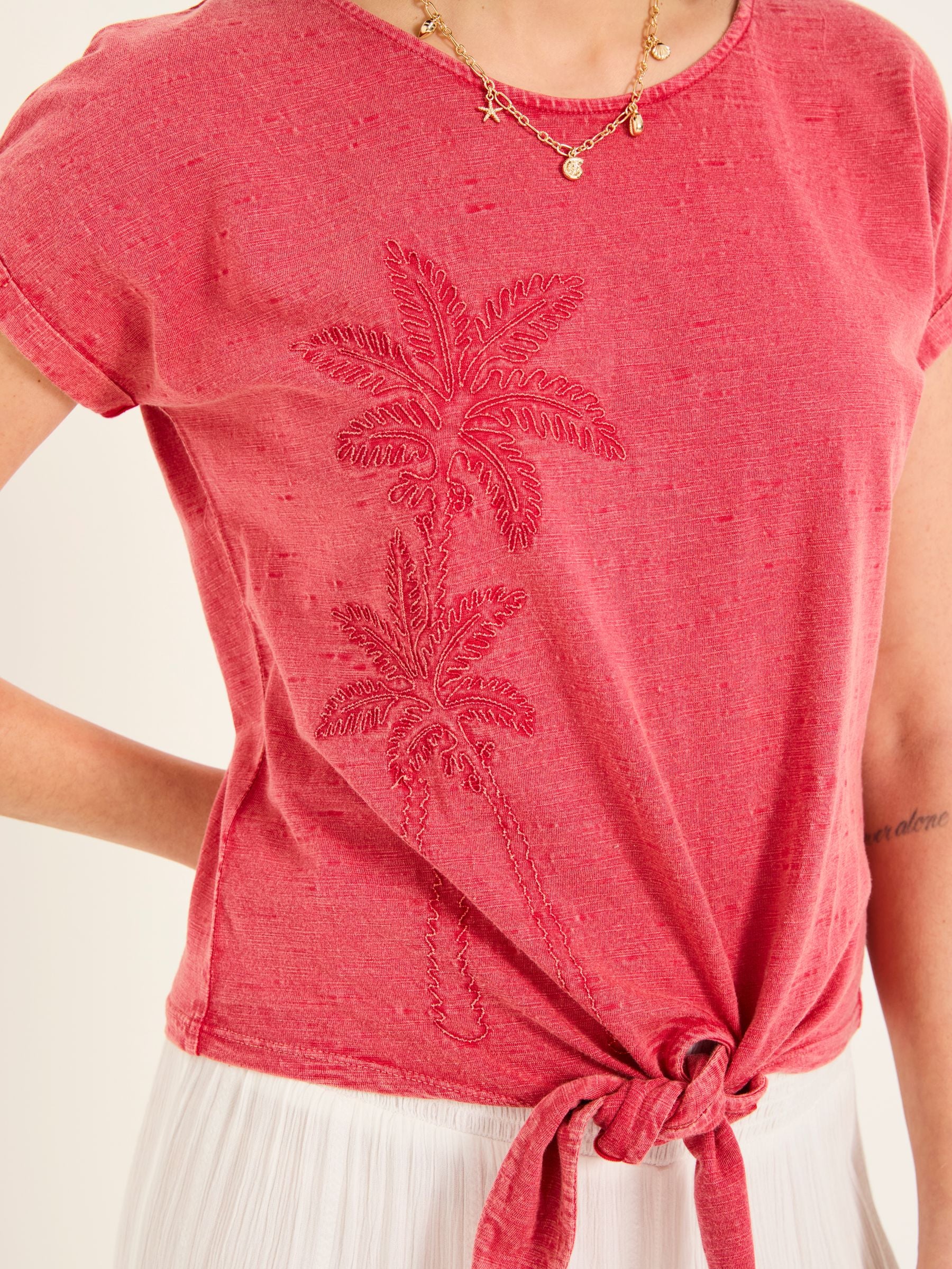 Rust Red Palm Tree Graphic Tie Front T Shirt