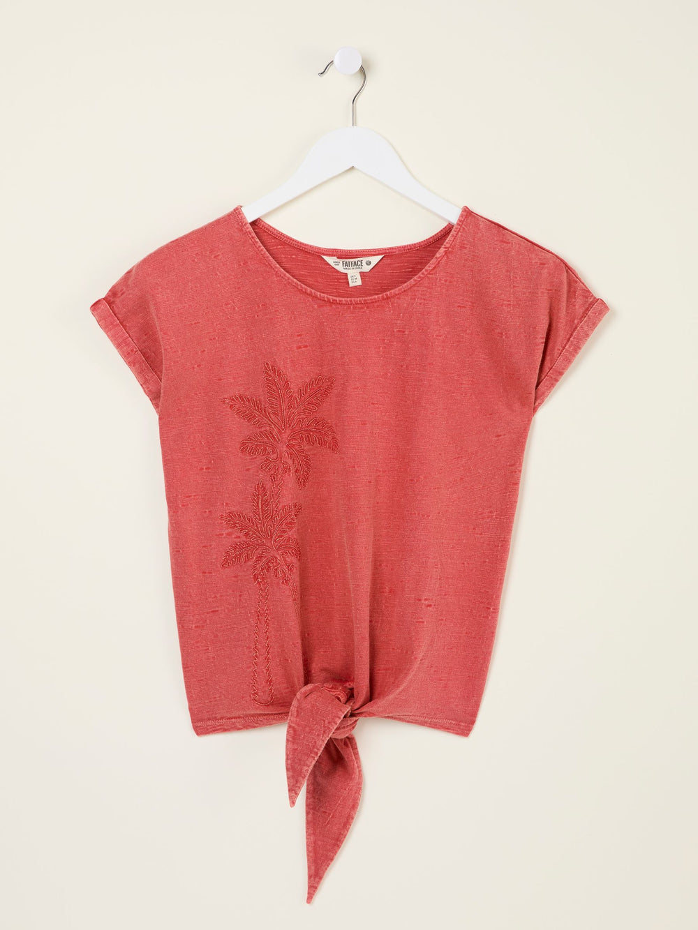 Rust Red Palm Tree Graphic Tie Front T Shirt