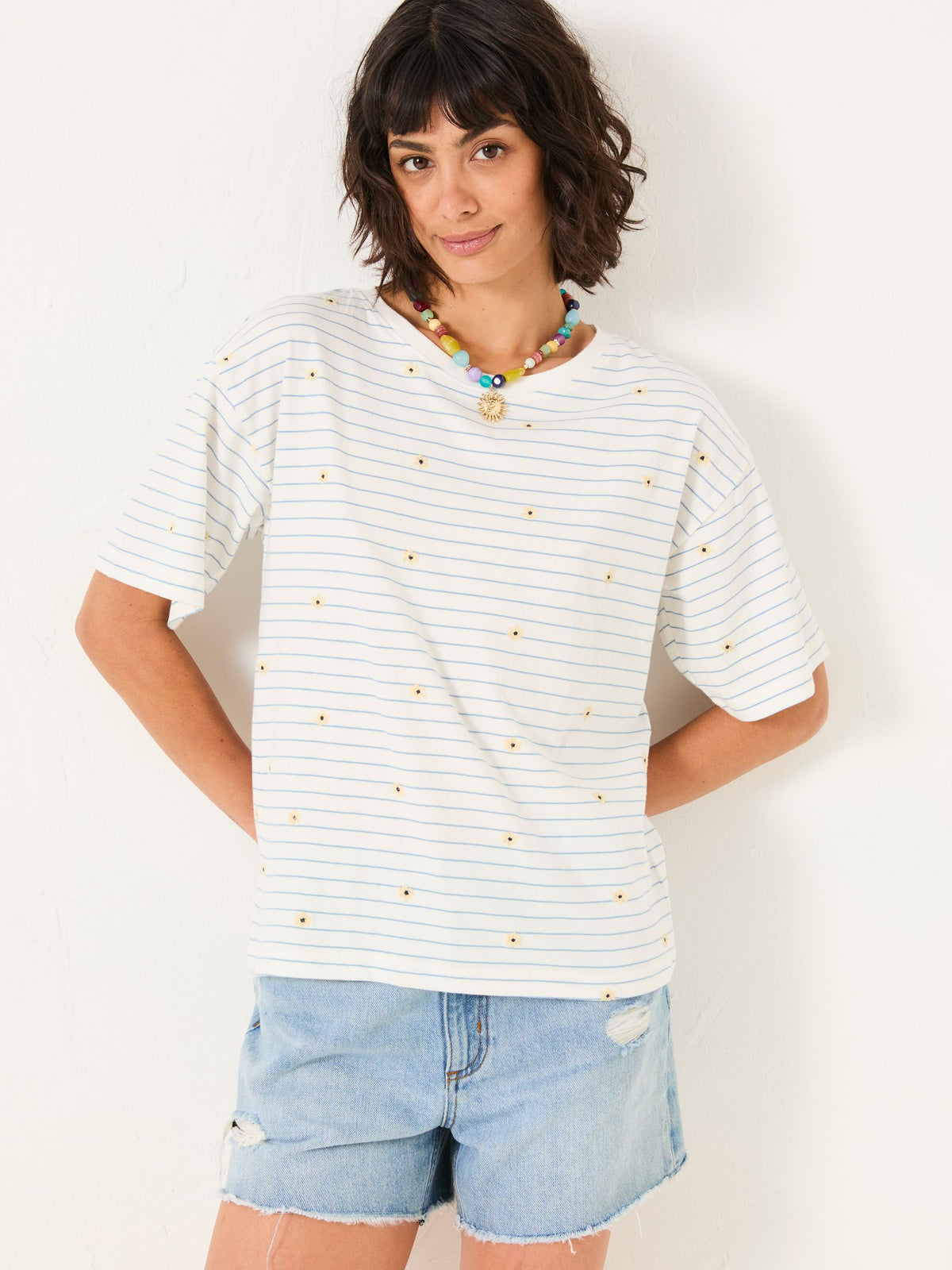 Maddie Ivory Embroidered Stripe T Shirt