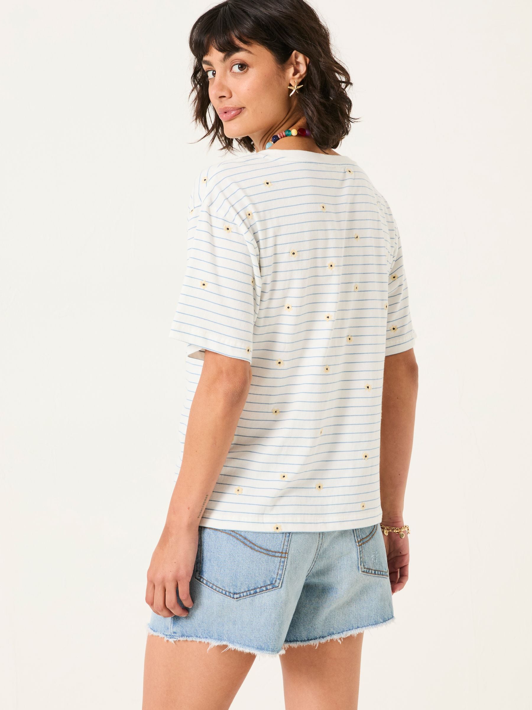 Maddie Ivory Embroidered Stripe T Shirt