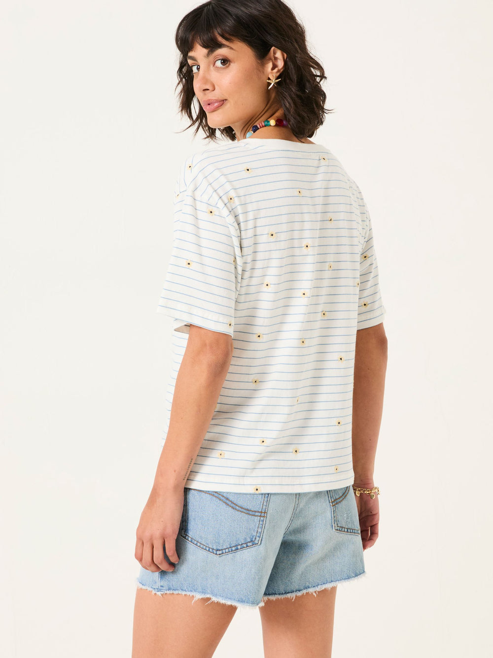 Maddie Ivory Embroidered Stripe T Shirt