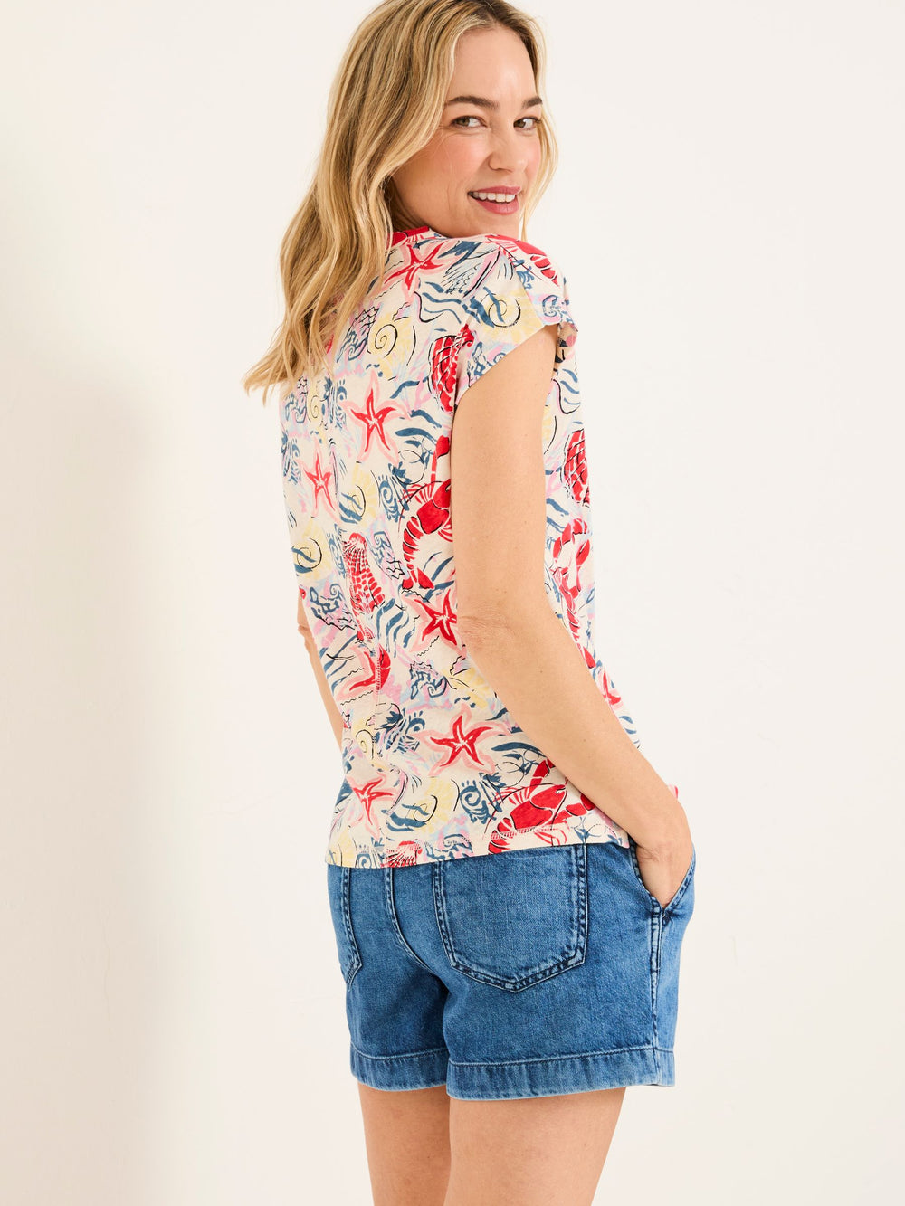 Ivory Sea Scene Linen Blend Notch Neck Top