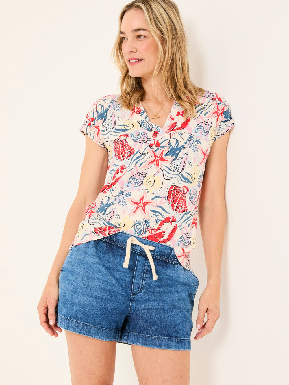 Ivory Sea Scene Linen Blend Notch Neck Top