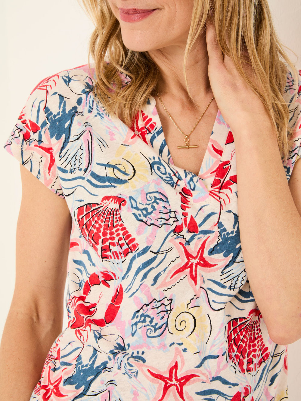 Ivory Sea Scene Linen Blend Notch Neck Top