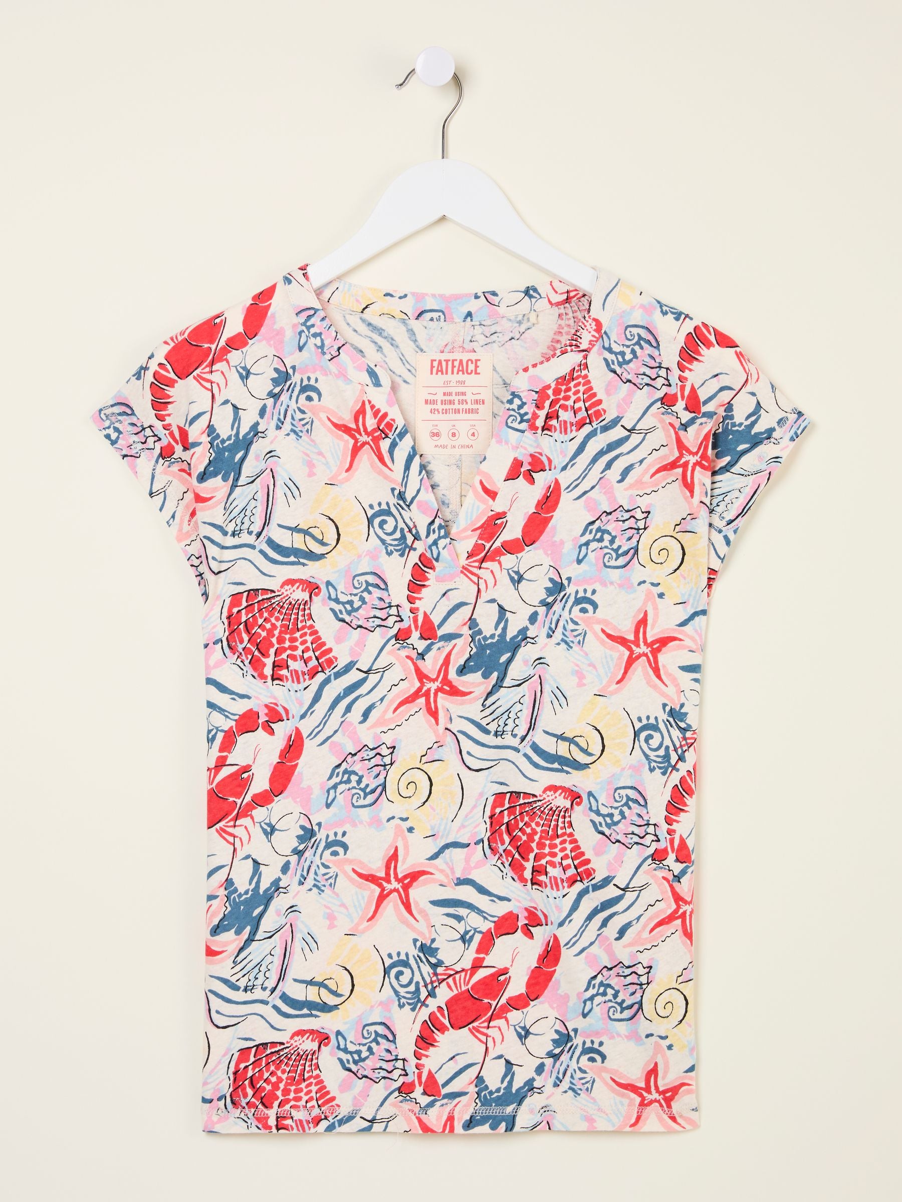 Ivory Sea Scene Linen Blend Notch Neck Top