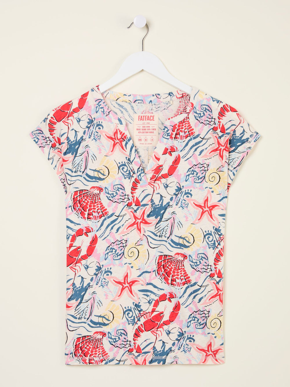 Ivory Sea Scene Linen Blend Notch Neck Top