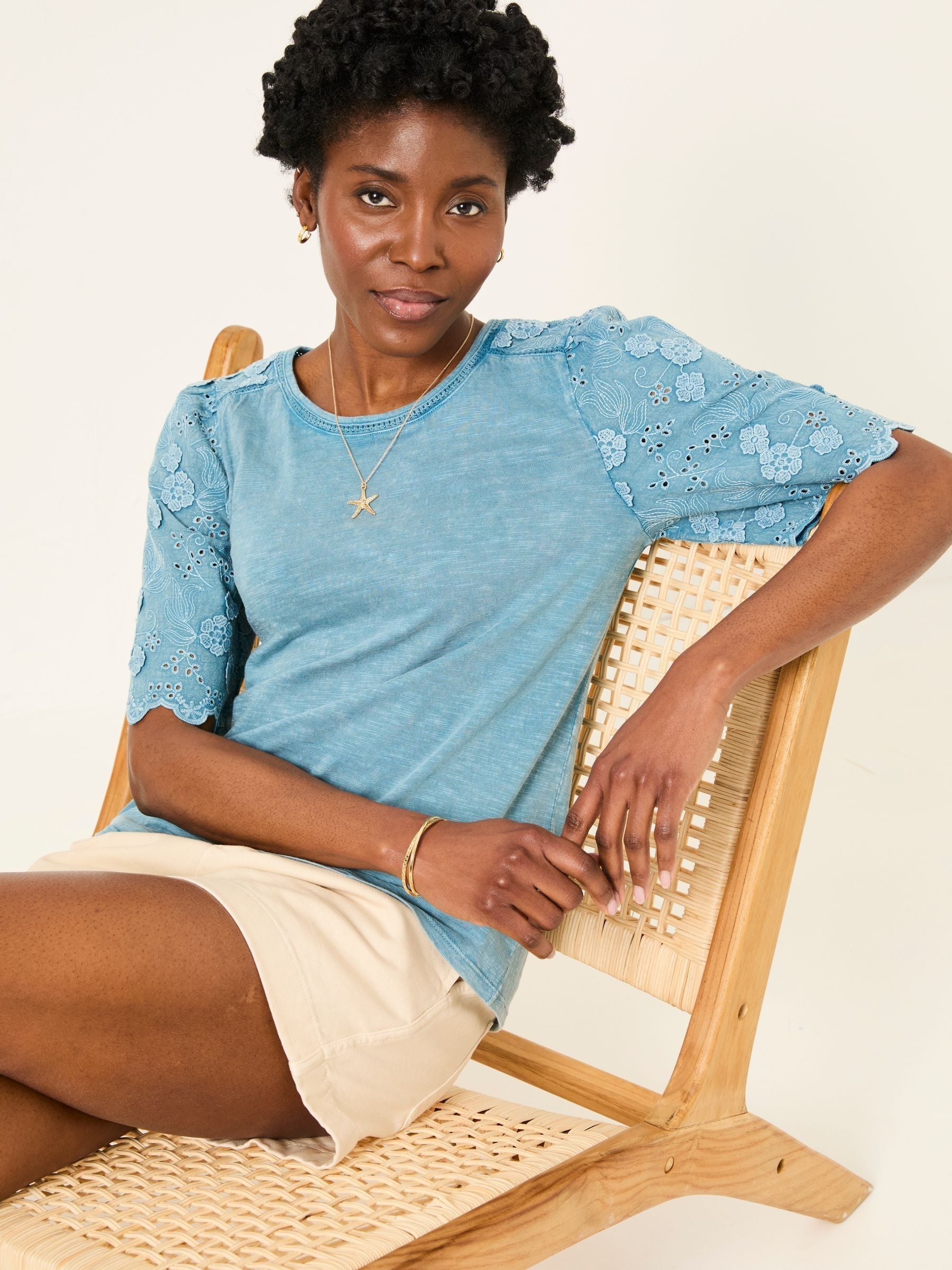 Denim Blue Pretty Broderie Top