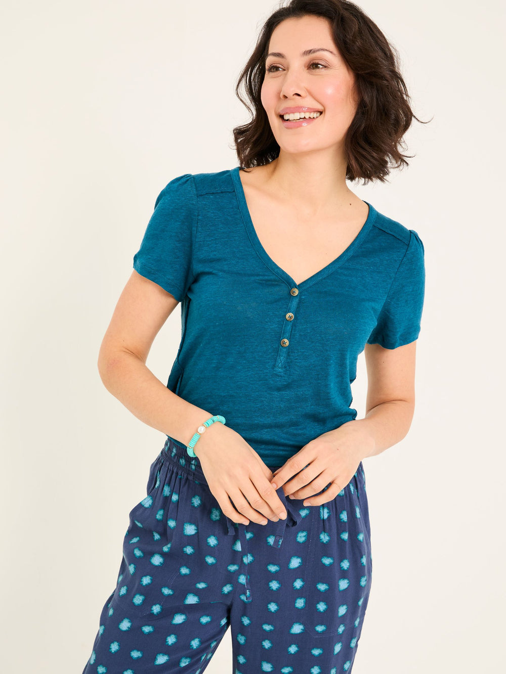 Lena Dark Teal Linen Henley Top