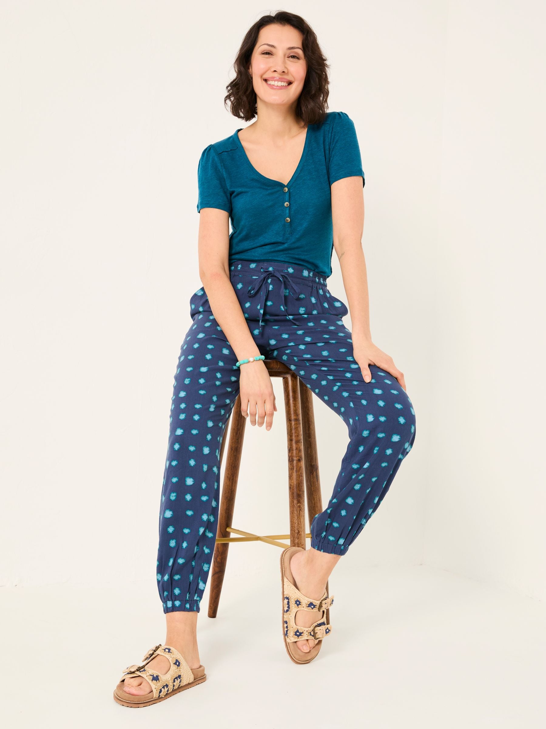 Lena Dark Teal Linen Henley Top