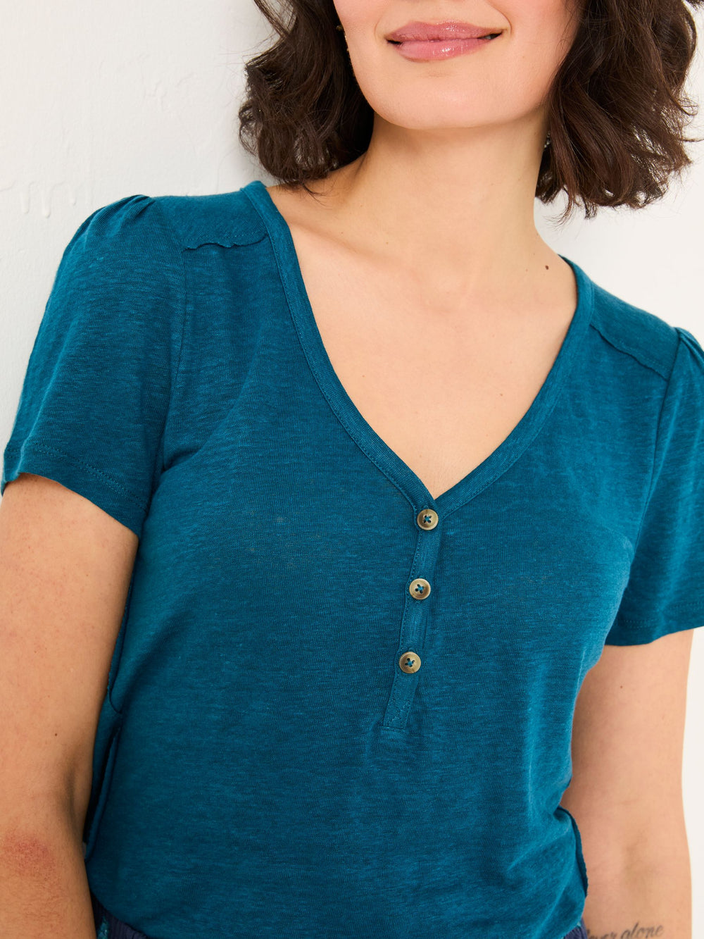 Lena Dark Teal Linen Henley Top