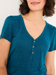 Lena Dark Teal Linen Henley Top