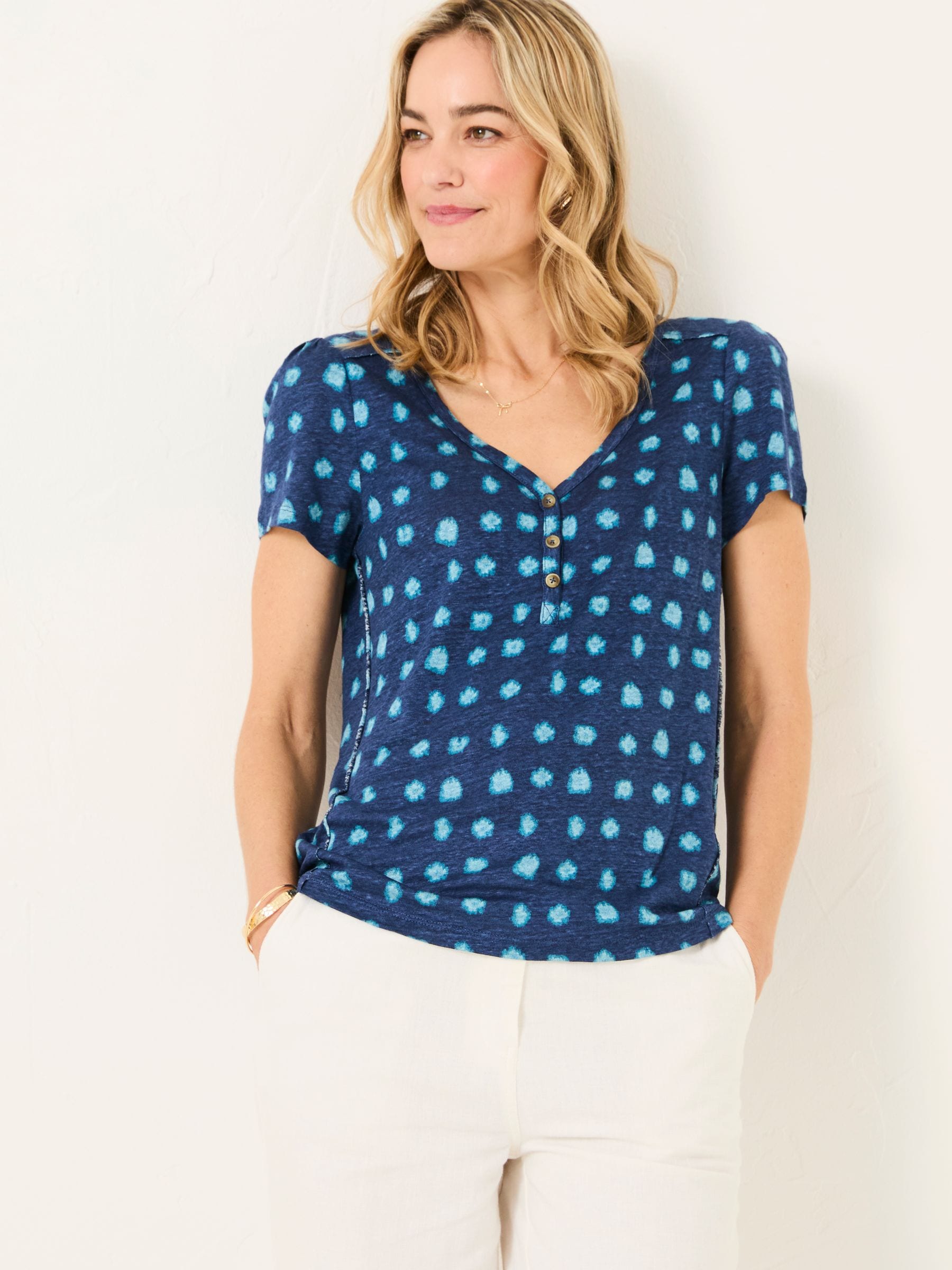 Lena Teal Blue Mini Spot Linen Henley Top