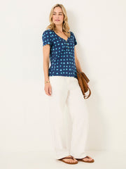 Lena Teal Blue Mini Spot Linen Henley Top