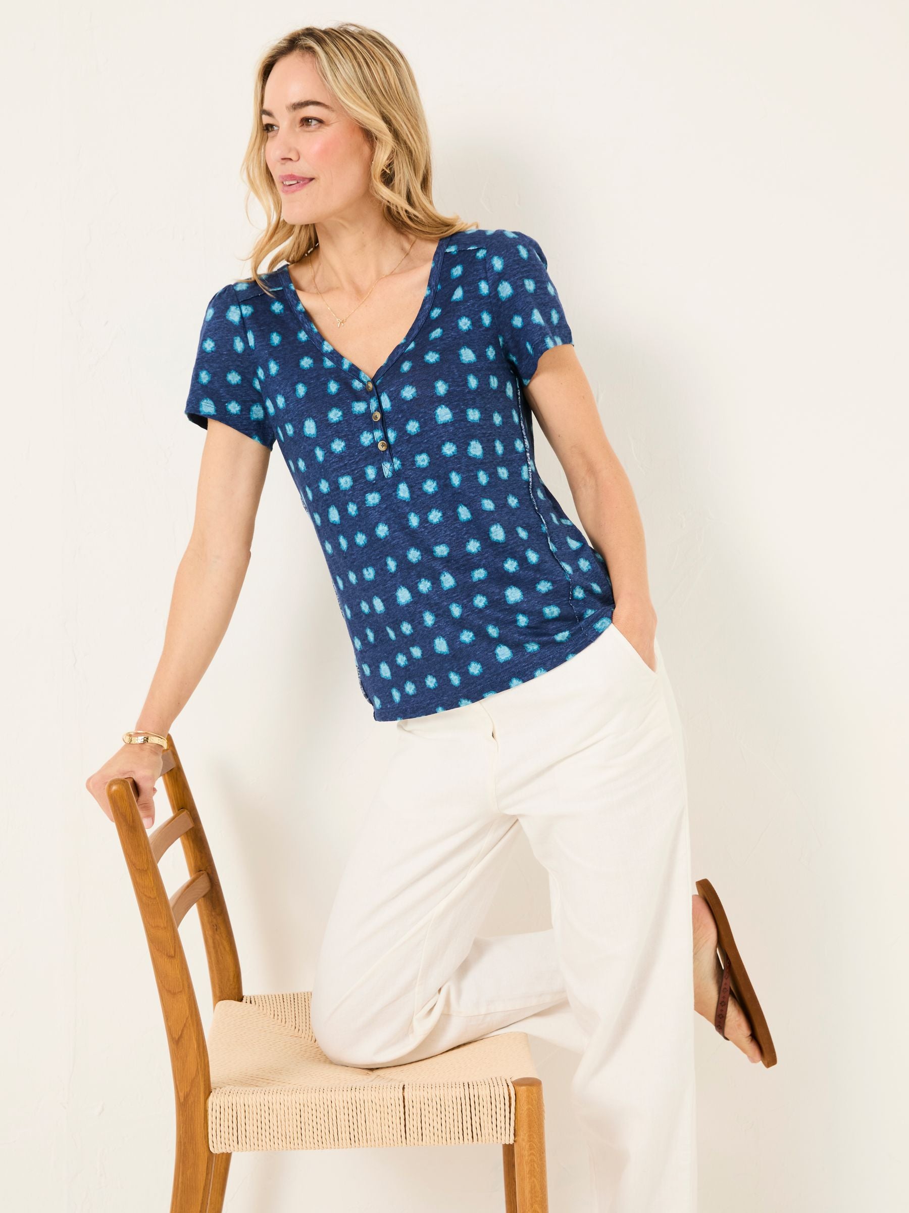 Lena Teal Blue Mini Spot Linen Henley Top