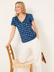 Lena Teal Blue Mini Spot Linen Henley Top