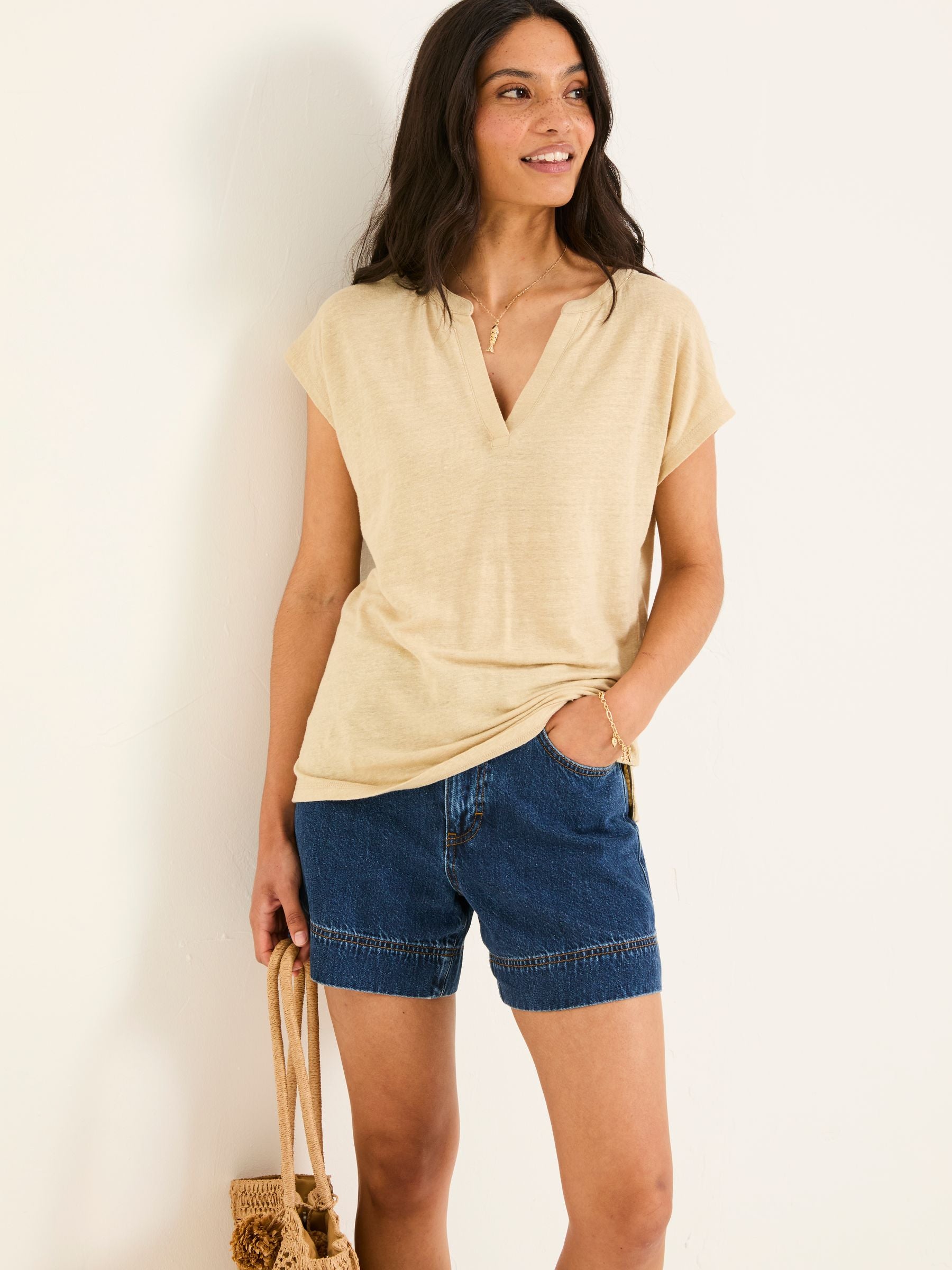 Oatmeal 100% Linen Notch Neck Top