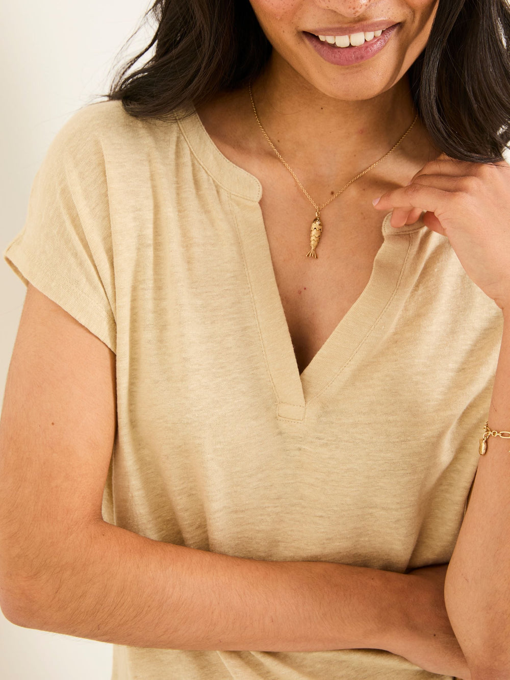 Oatmeal 100% Linen Notch Neck Top