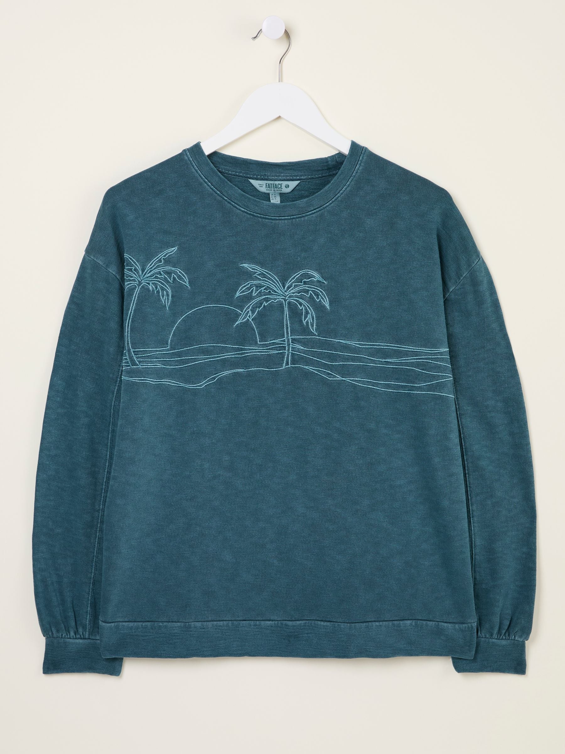 Gia Dark Teal Blue Embroidered Graphic Crew Sweatshirt